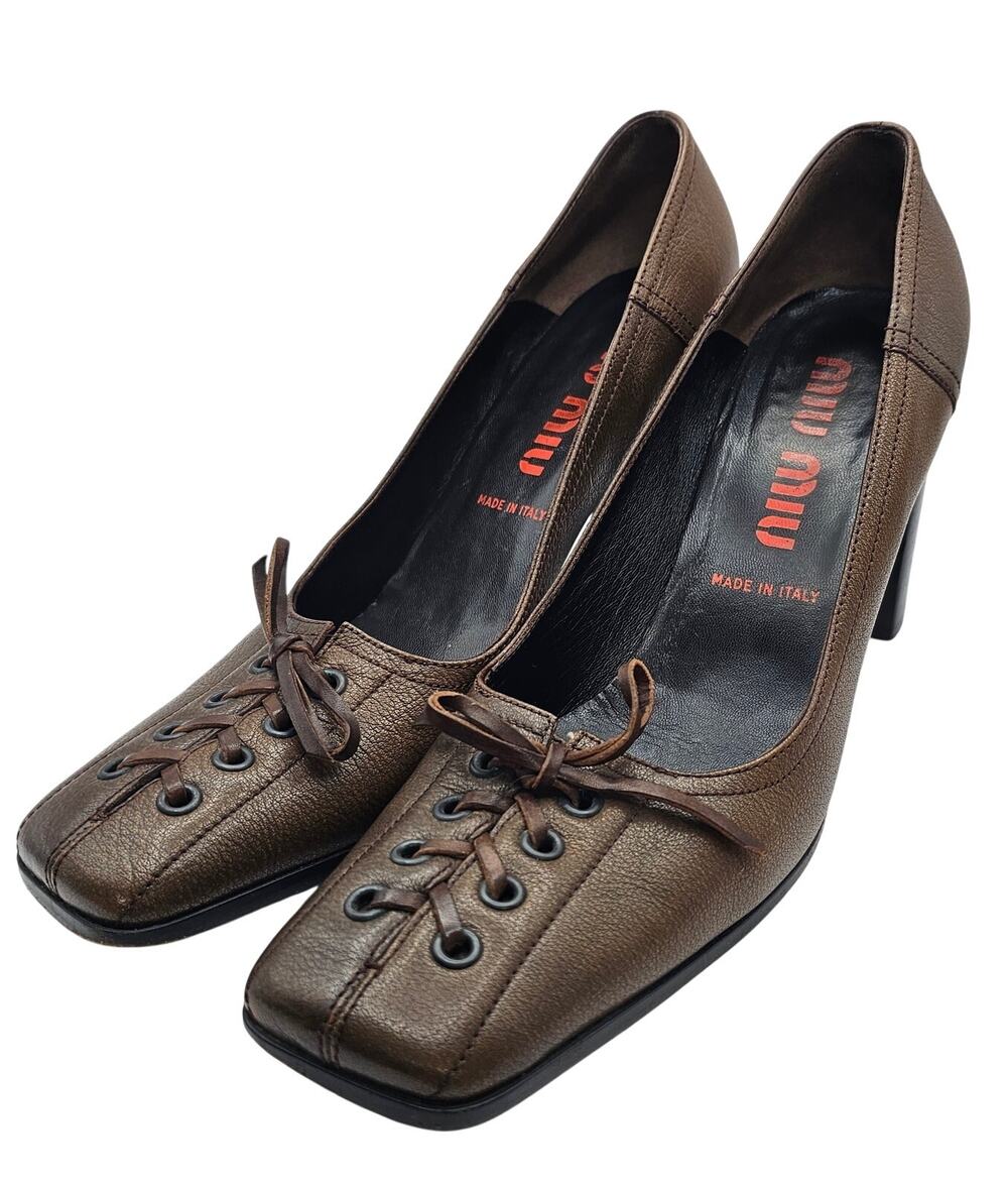 Miu Miu Vintage 90s Brown Leather Lace Up Corset Square Toe Pump Heels 40 9